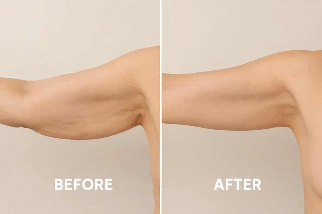 Picture of LA LIPO Henley-In-Arden before and after results of skin tightening treatment on the upper arms.