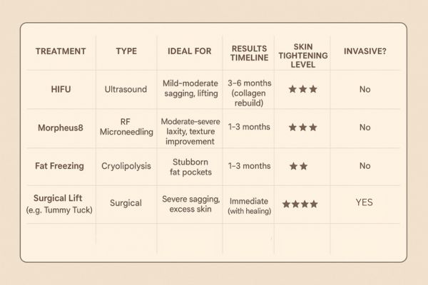 Table showing the comparisons of Skin tightening Henley-In-Arden treatment options.